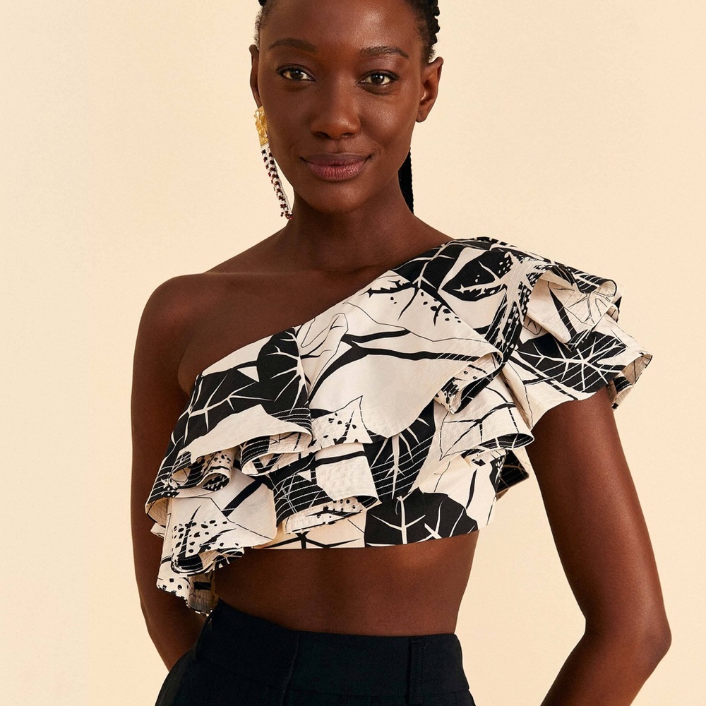 Farm rio, gorgeous Off-White Graphic Leaves Organic Cotton Top